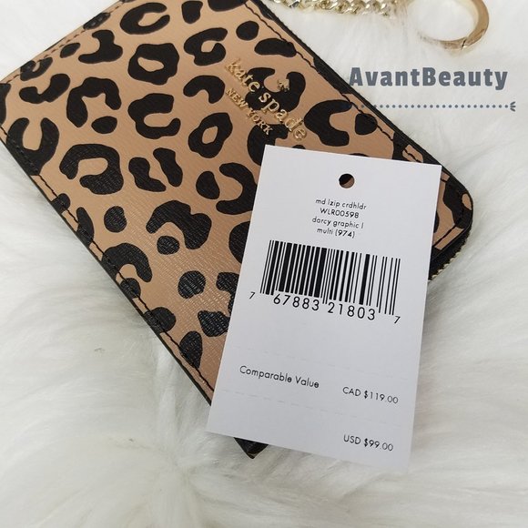 Kate Spade New York Darcy L-zip Key Chain Wallet Card Holder Brown Leopard Black - Picture 3 of 7